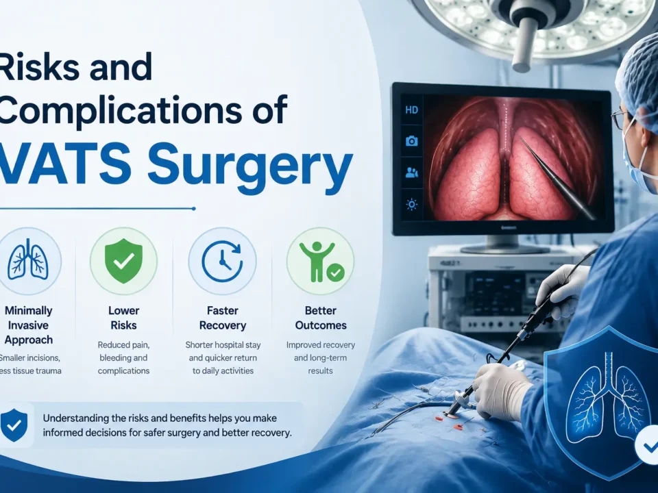 Risks and Complications of VATS Surgery | George thoracic Infographic about VATs surgery risks, showing four icons: minimally invasive approach, lower risks, faster recovery, and better outcomes.