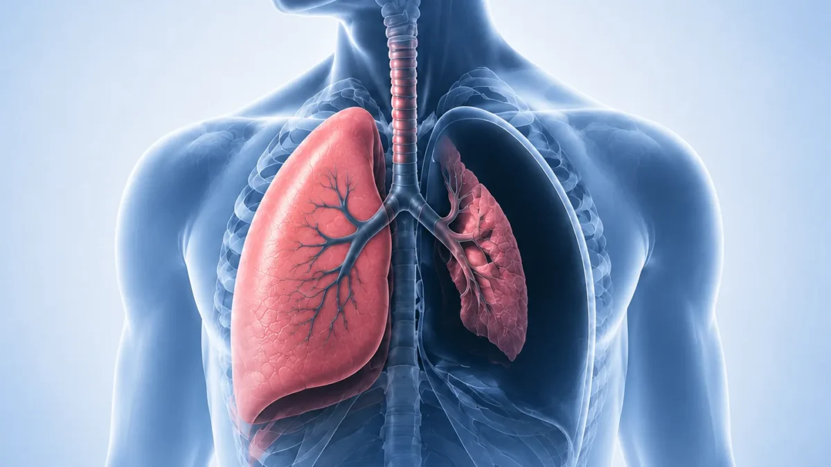 Medical illustration of a male upper torso showing the lungs and trachea, with the left lung highlighted in pink.