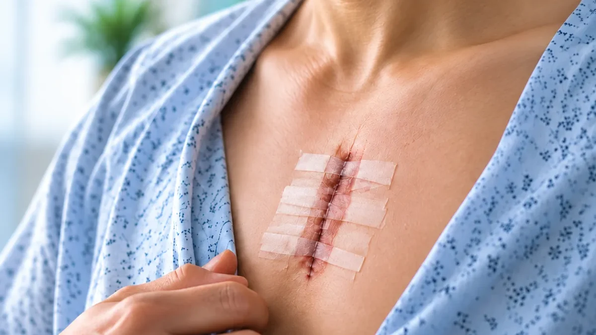 Person in a hospital gown lifting the shirt to reveal a healing vertical chest incision secured with multiple adhesive bandages.