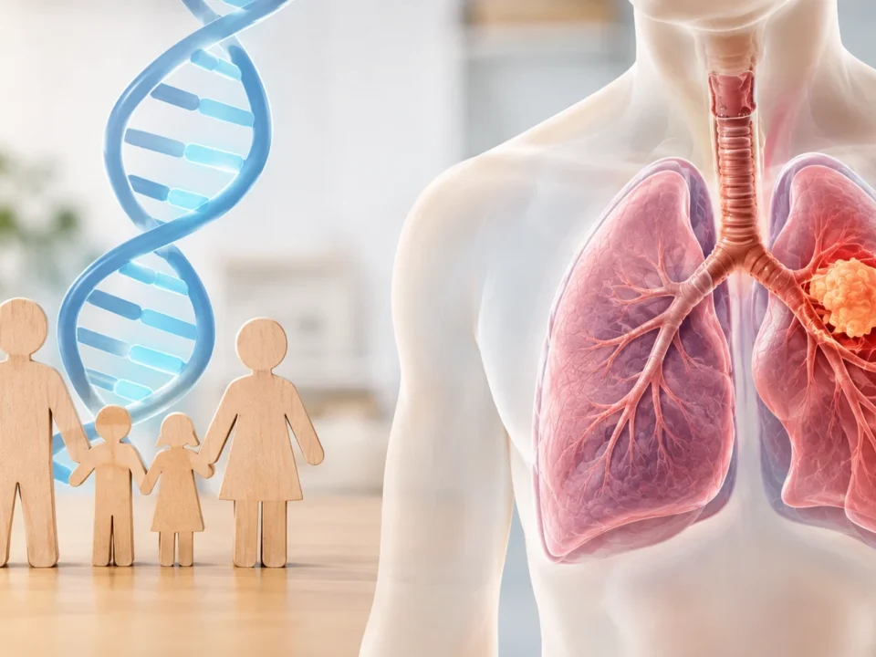 Wooden family figures holding hands beside a blue DNA double helix, with a translucent chest showing lungs and a tumor in the right lung.