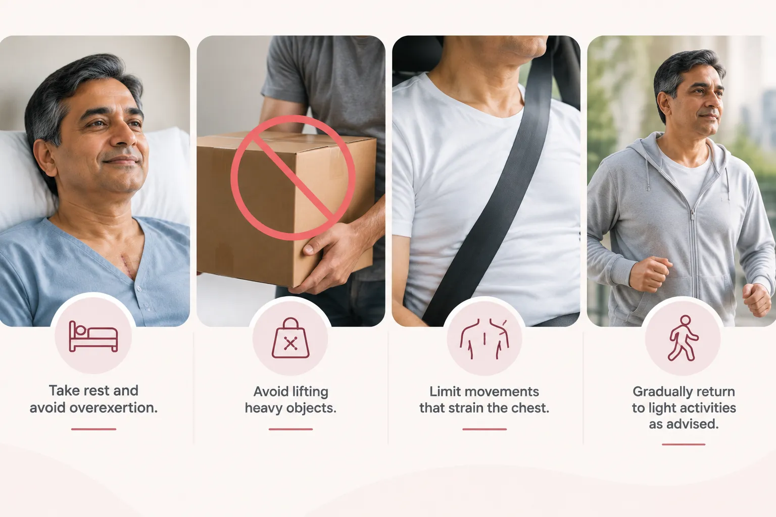 Recovery guidelines after chest surgery | George thoracic | George thoracic Series of four panels illustrating post-surgery recovery tips: rest and avoid overexertion, avoid lifting heavy objects, limit movements that strain the chest, and gradually return to light activities.