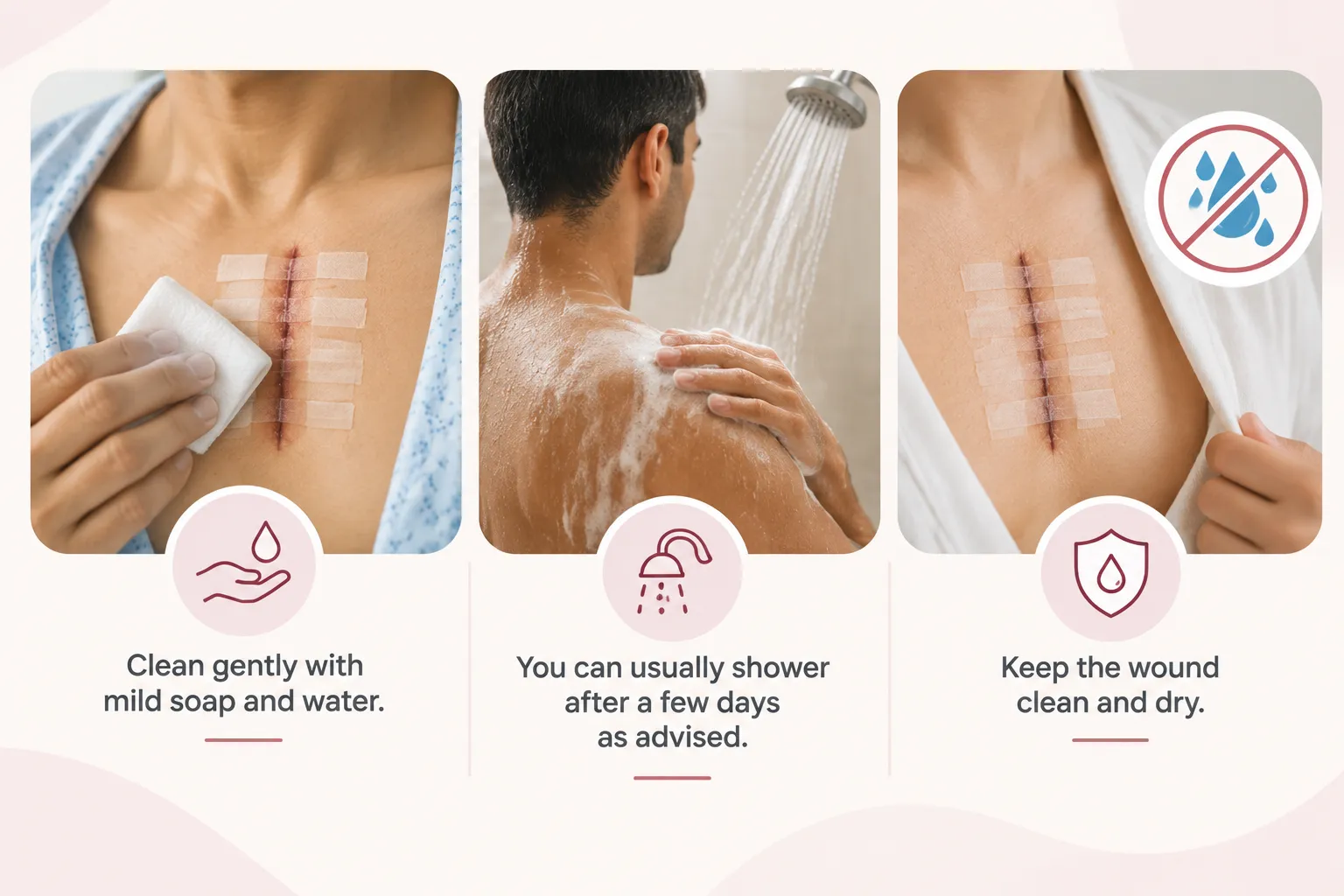 surgeon_s instructions regarding incision care | George thoracic | George thoracic Infographic with three panels showing wound care steps: clean with mild soap and water (left), shower after a few days (center), keep wound clean and dry (right).
